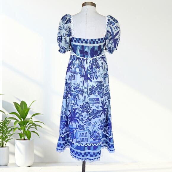 FARM RIO Sweet Rio Midi Dress Small Puff Sleeve Blue Tropical Graphic Print - Picture 4 of 13